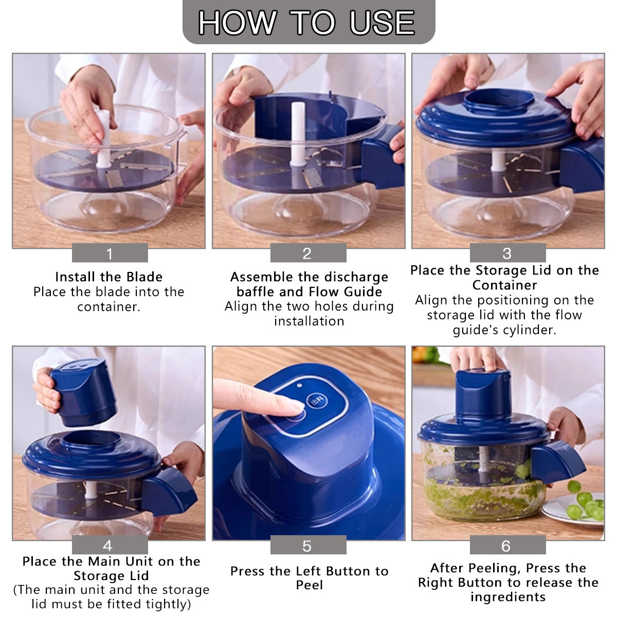 Step-by-step usage of the electric fruit peeler: place fruit, press button, peel completed in seconds