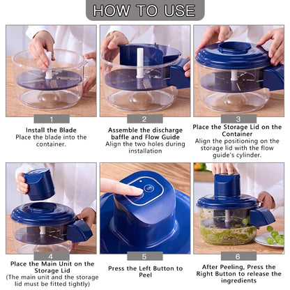 Step-by-step usage of the electric fruit peeler: place fruit, press button, peel completed in seconds