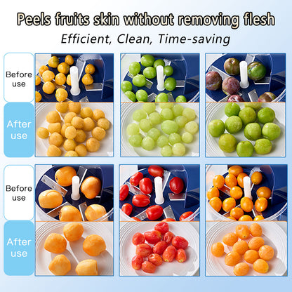 Electric peeler comparison: grapes, garlic, tomatoes, loquats before and after peeling shown together