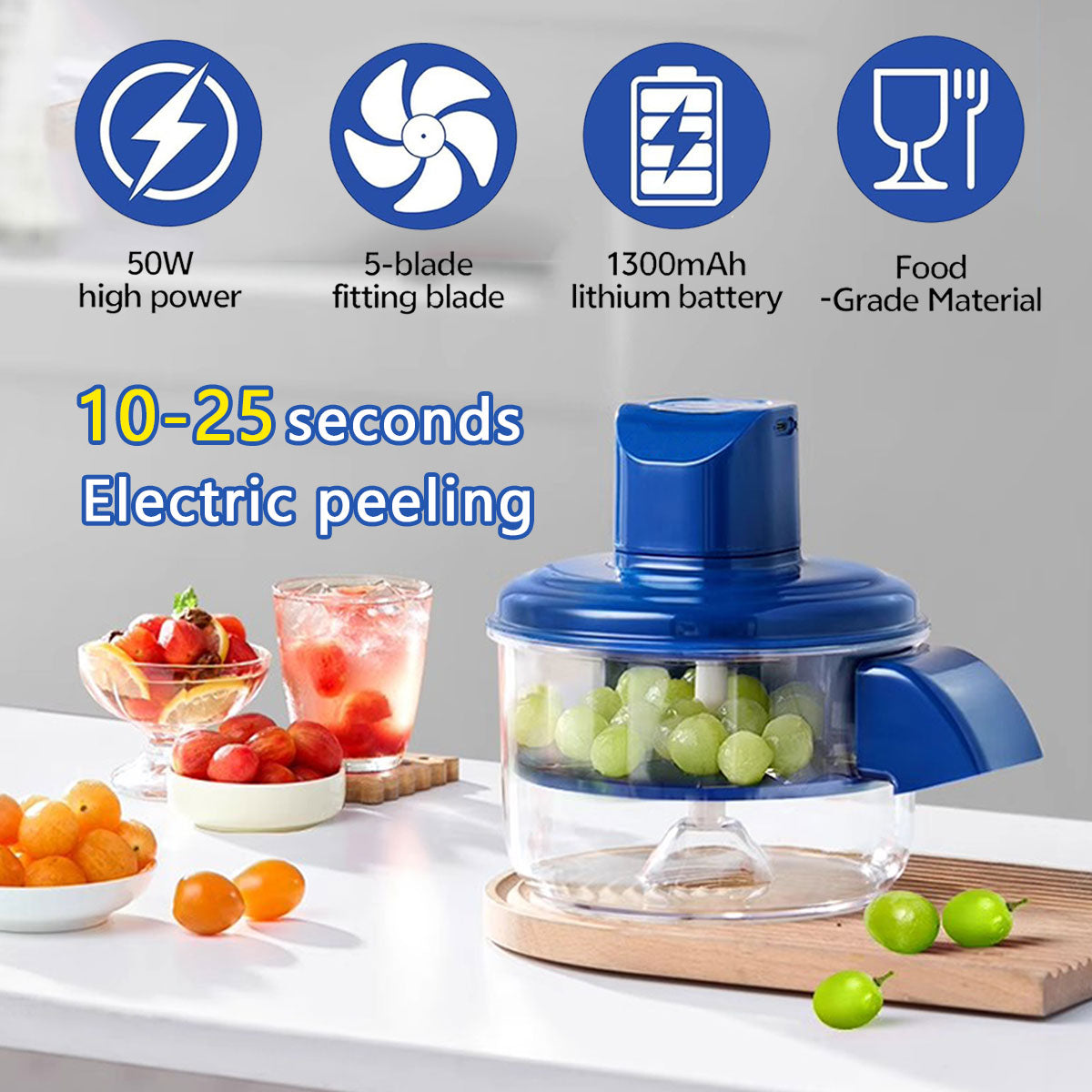 Automatic electric fruit peeler, peels grapes, garlic and other fruits, takes only 10 to 25 seconds. 