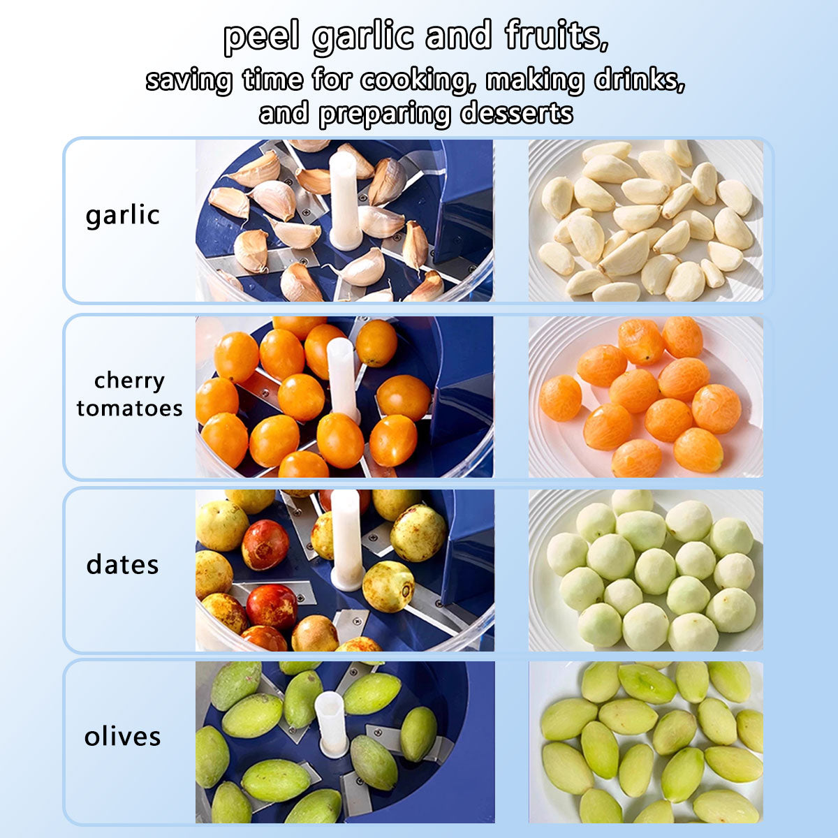 Automatic fruit and garlic peeler results: plums, olives, jujubes, water chestnuts before and after peeling. Electric garlic and fruit peeler saves time compared to manual peeling, fast and efficient kitchen tool
